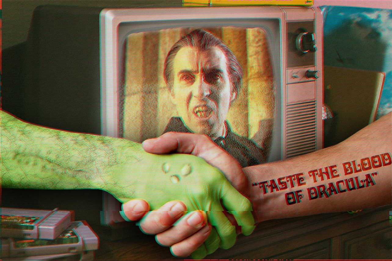 Christopher Lee's Dracula on a TV behind two hands shaking, one a monster, the other with a Taste the Blood of Dracula tattoo