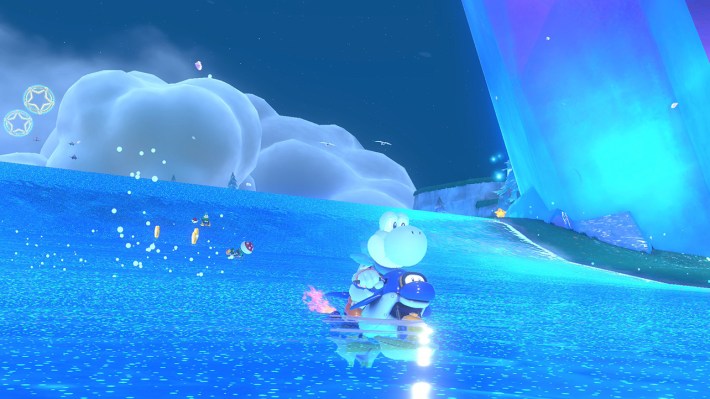 Yoshi on a shark skidding down a water road