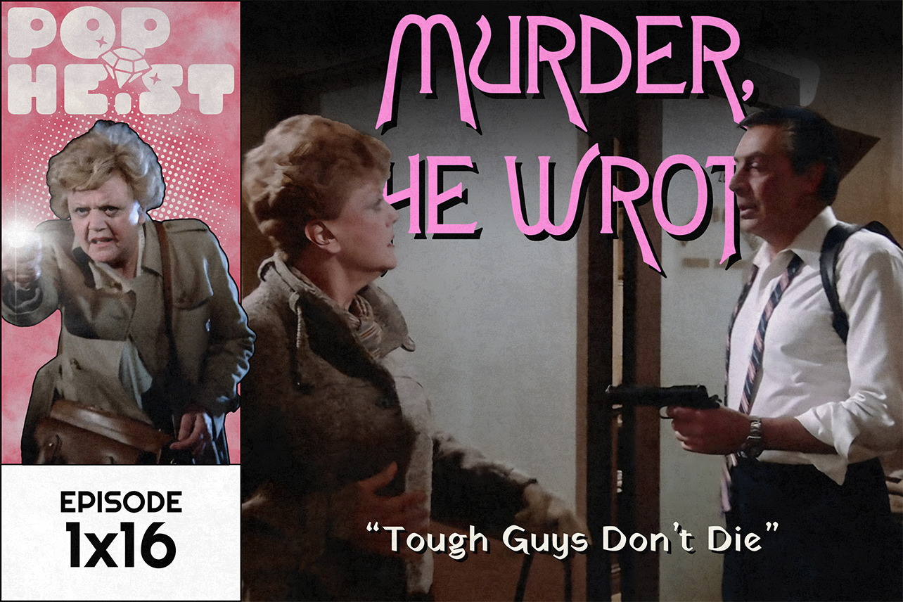 Angela Lansbury and Jerry Orbach at a doorway, Jerry holding a gun on Angela