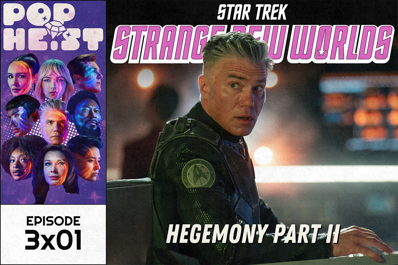 Strange New Worlds cast in corner box, with Capt. Pike in center of image