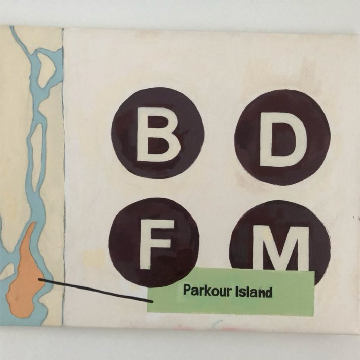 A painted section of a map pointing to "Parkour Island". There are the letters B, D, F, M in black circles as well.