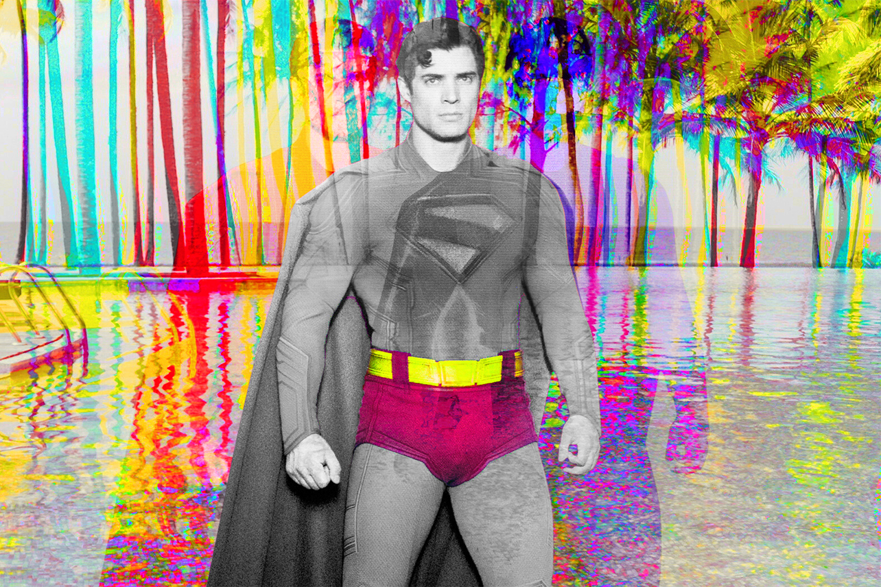 Superman at pool with red briefs highlighted