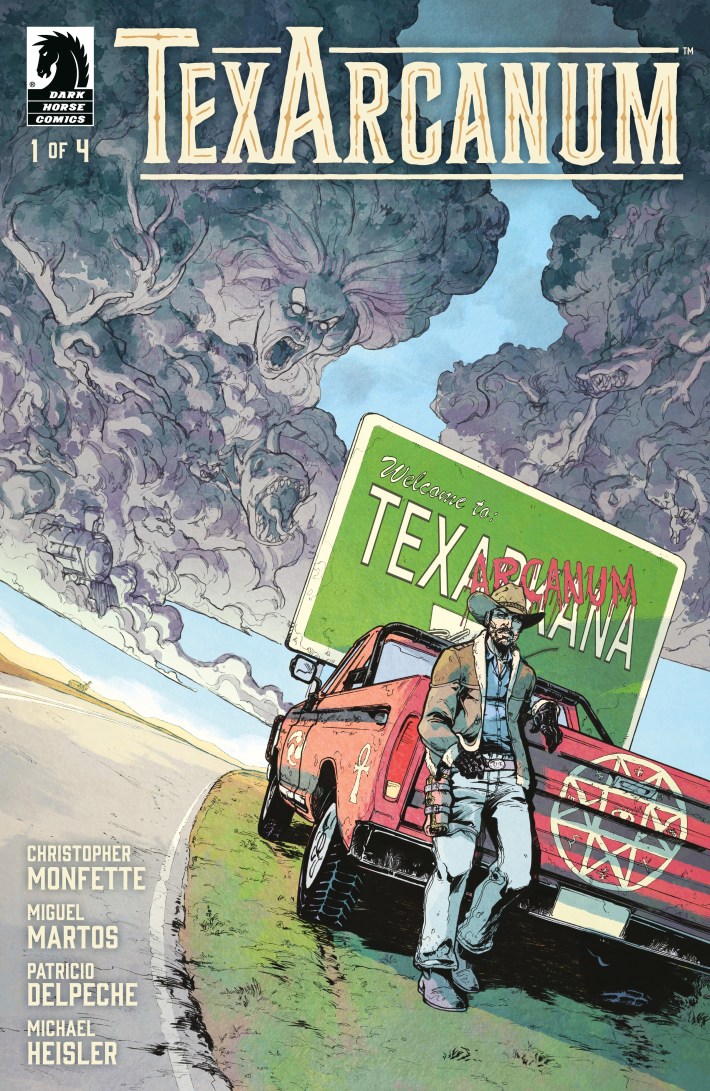 The cover to the comic Texarcanum. A bearded man stands next to a truck painted with hex designs. Behind him, clouds form out of human faces.