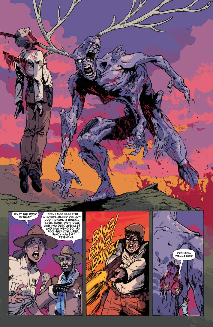 Comic panels of a horned beast goring a sheriff.