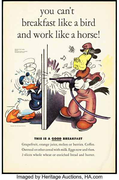 An illustration of an addled Donald Duck getting shaken by a nail gun held by Horace Horsecollar.