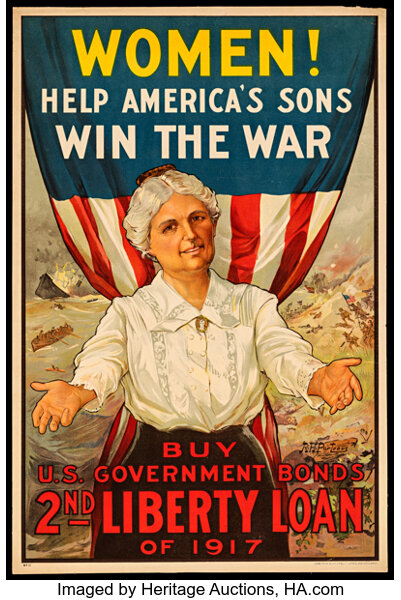 Illustrated poster of an old woman reaching to the viewer while behind her is a flag and scenes of the chaos of war, boats sinking and soldiers charging.
