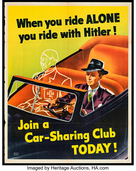 An illustration of a man in an open car driving next to the ghost of Hitler. When you ride alone you ride with Hitler. Join a Car-sharing club today.