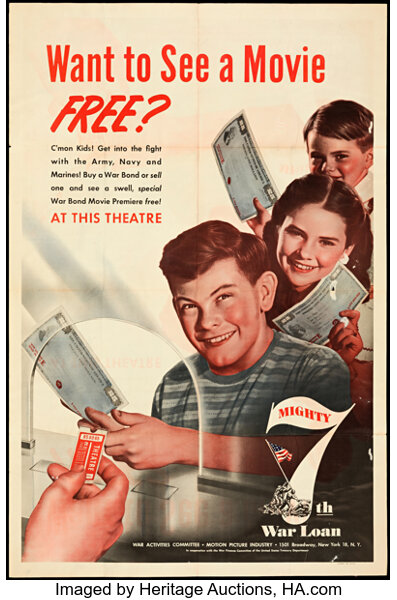 An illustration of three children showing proof they bought war bonds to an unseen ticket taker.