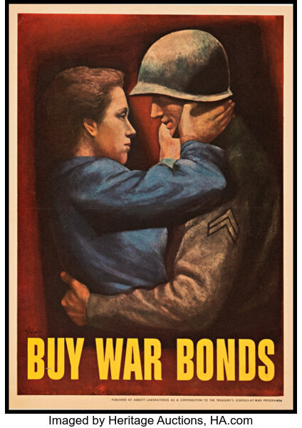 An illustrated poster of a man and maybe a woman, maybe a man, in a dark hole with the words BUY WAR BONDS.