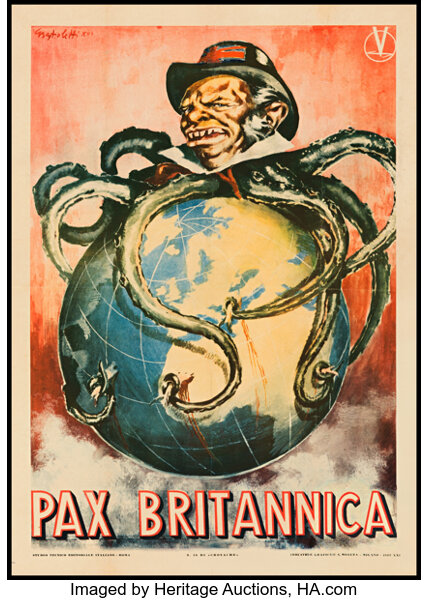A poster of a leprechaun-like man's head on top of an octopus's body, destroying a globe beneath it.
