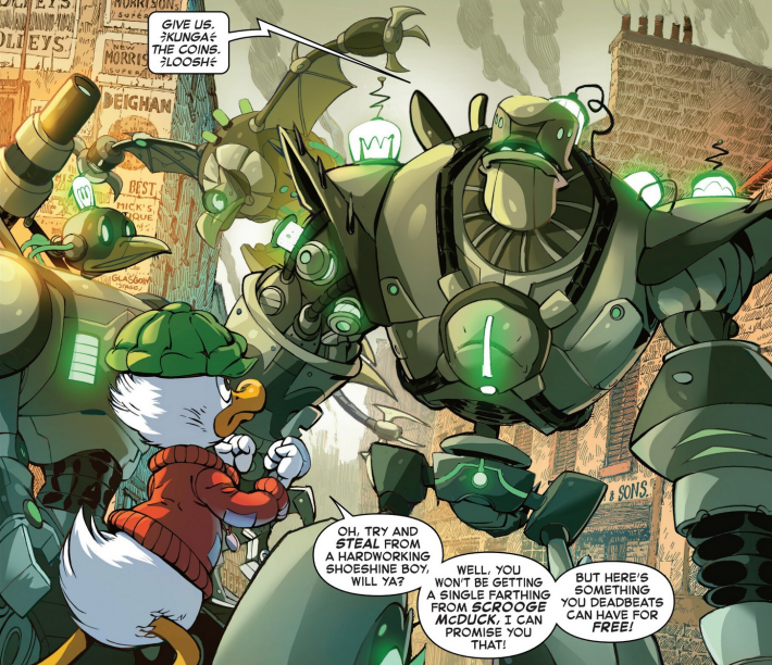 Comic panels of a robot threatening a small duck child.