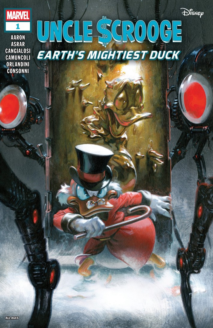 Cover to Uncle Scrooge Earth's mightiest duck. An elderly anthropomorphic duck is defending another duck frozen in metal from robots.