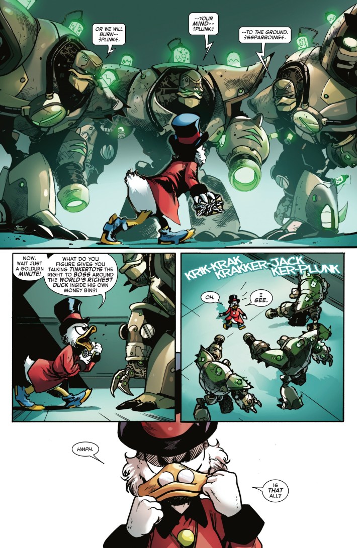 Comic panels of an anthropomorphic duck fighting robots.