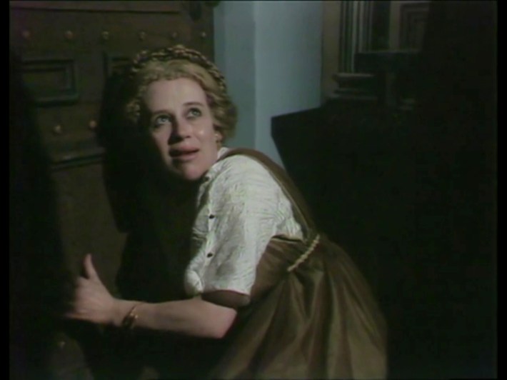 Julia cowering, begging at closed door