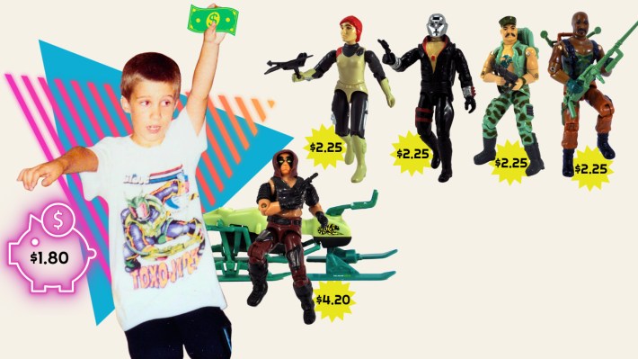 Kid holding up money in front of lineup of Joe toys