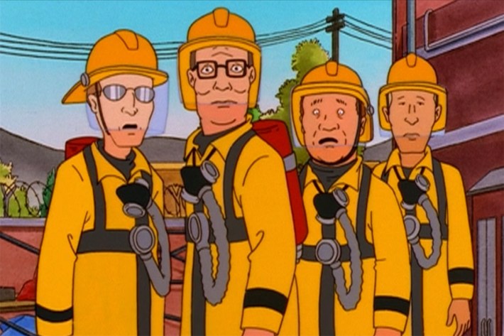 Hank and friends in firefighter gear