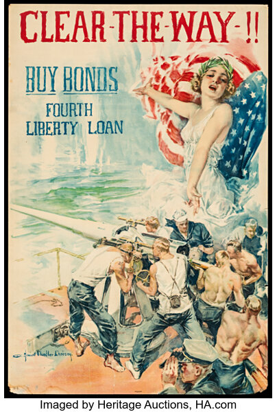 A military propaganda poster. Well muscled and oiled seamen load a cannon on a boat while an enormous scantily clad woman appears behind them, draped in a US flag.