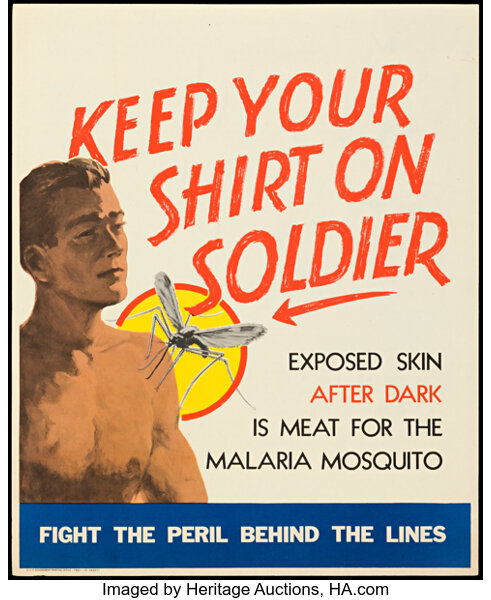 An illustrated poster of a topless man being attacked by a giant mosquito.