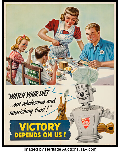 An illustrated poster of a family dining in front of a smiling metal robot.