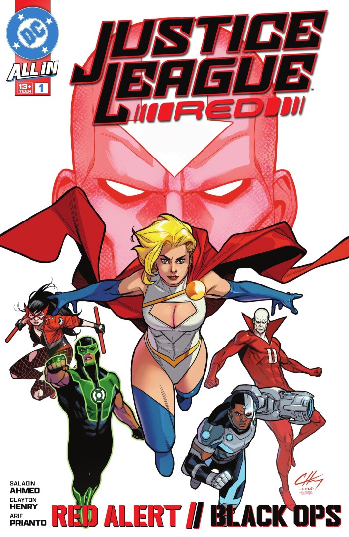 Cover of Justice League Red #1, with multiple heroes leaping off a white background towards the viewer.