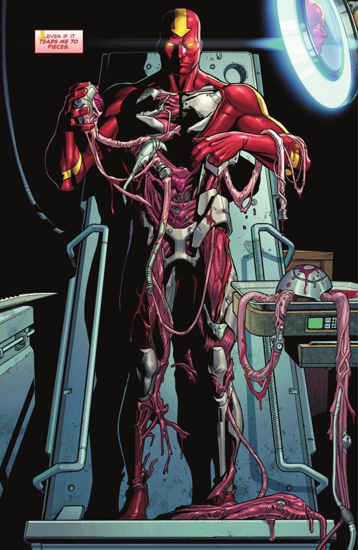 A red robot lifts off a slab with its robot guts hanging out.