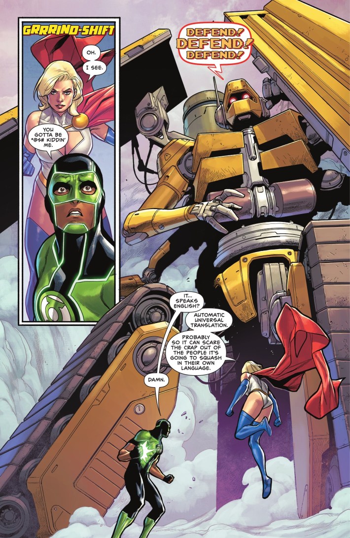 Comic panels where Green Lantern and power Girl fight a big yellow robot.