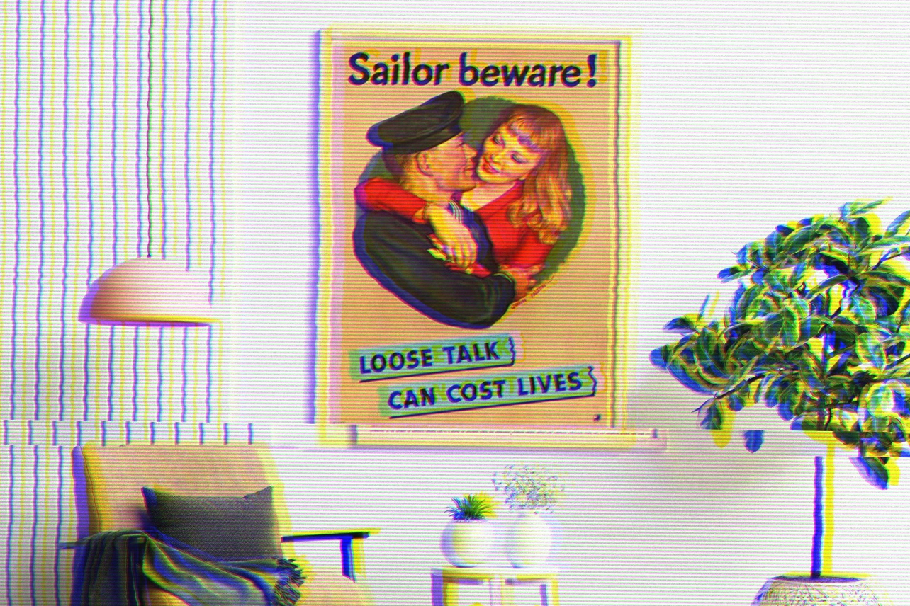 Propaganda poster hanging in tranquil modern living space