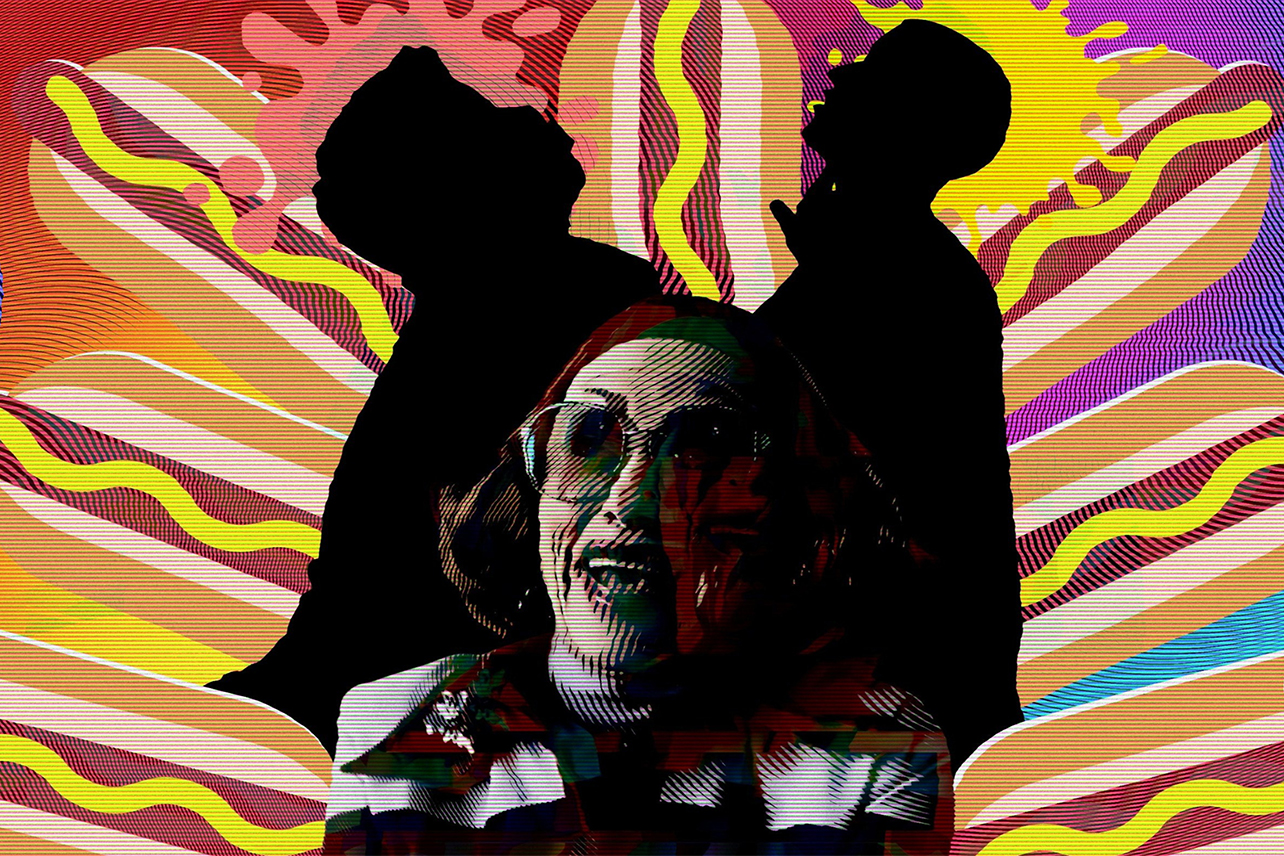 Aunt Gladys laughing in front of two male silhouettes, in front of kaleidoscope of hot dogs