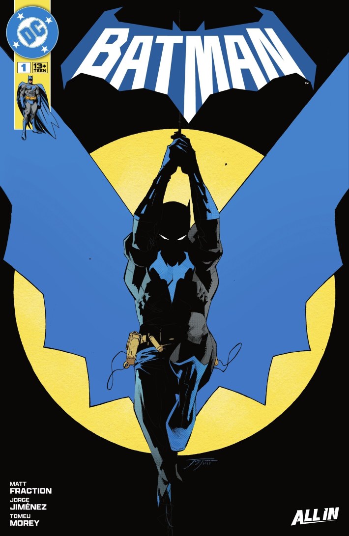Cover to Batman #1, with Batman swinging on a rope.