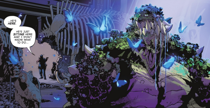 Comic panel of a large lizard man sitting, eating butterflies.