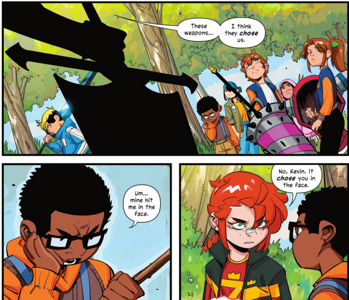 Comic panels of children talking about how the weapons chose them. One said his hit him in the face. The other clarifies by saying it "chose" him in the face.