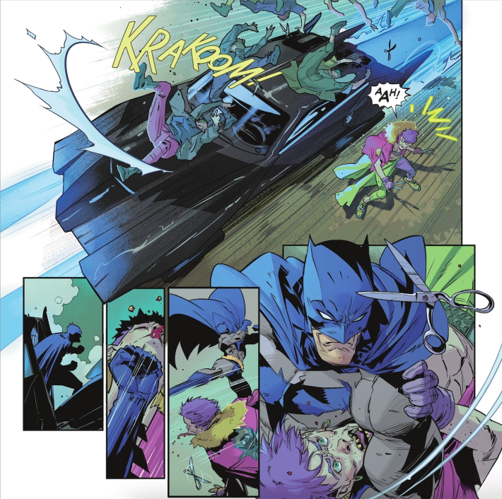 Comic panel of a car hitting gang members and Batman assaulting a gang member carrying scissors.