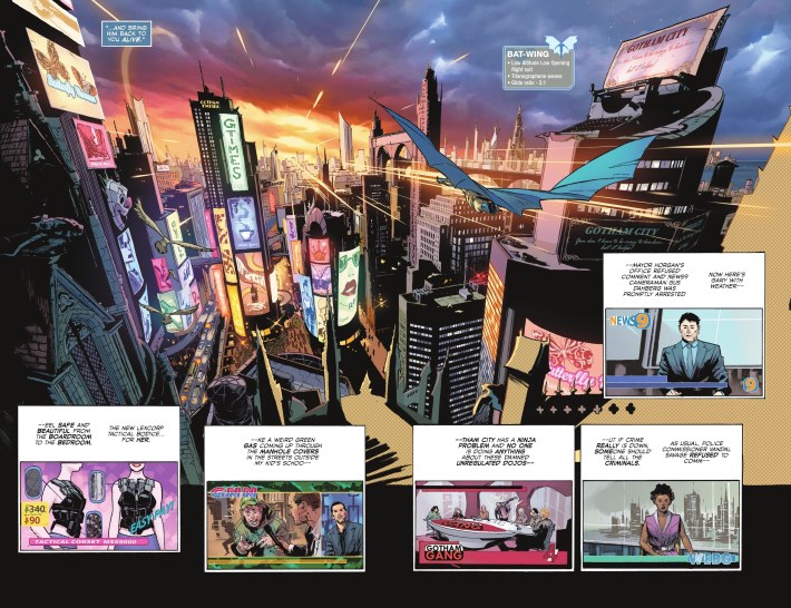 Comic panel cityscape with Batman swooping over the top.