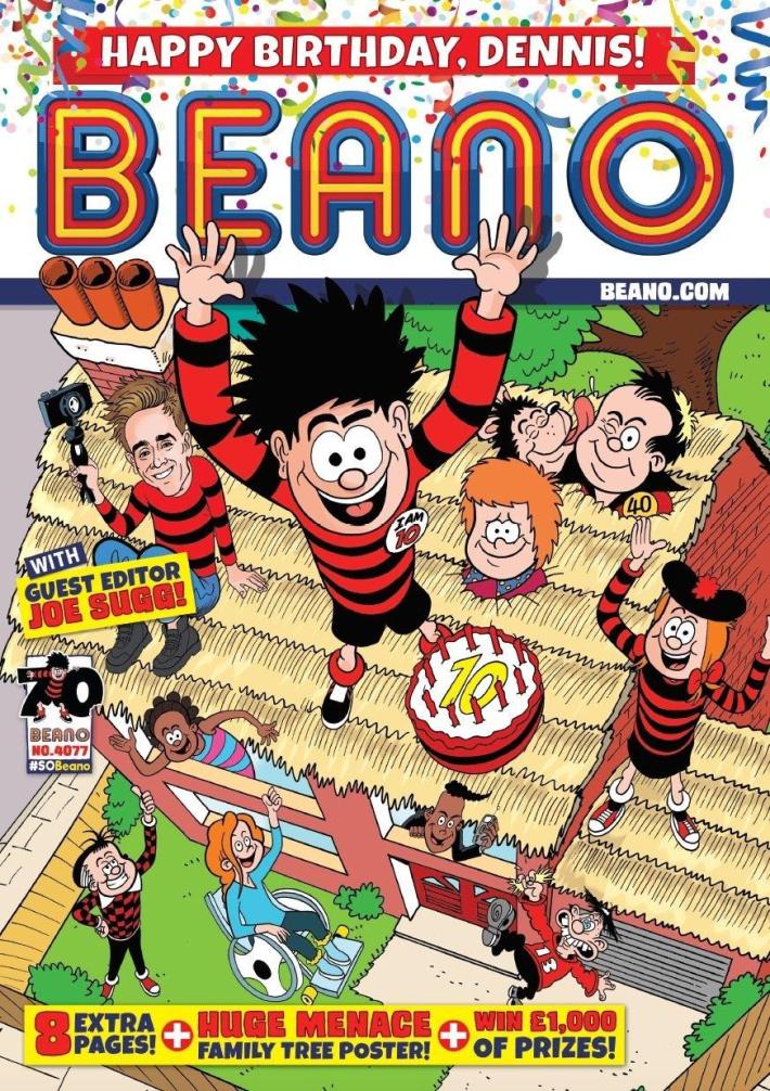 The cover of magazine The Beano, featuring a spiky haired youth surrounded by gruff looking cartoon kids.