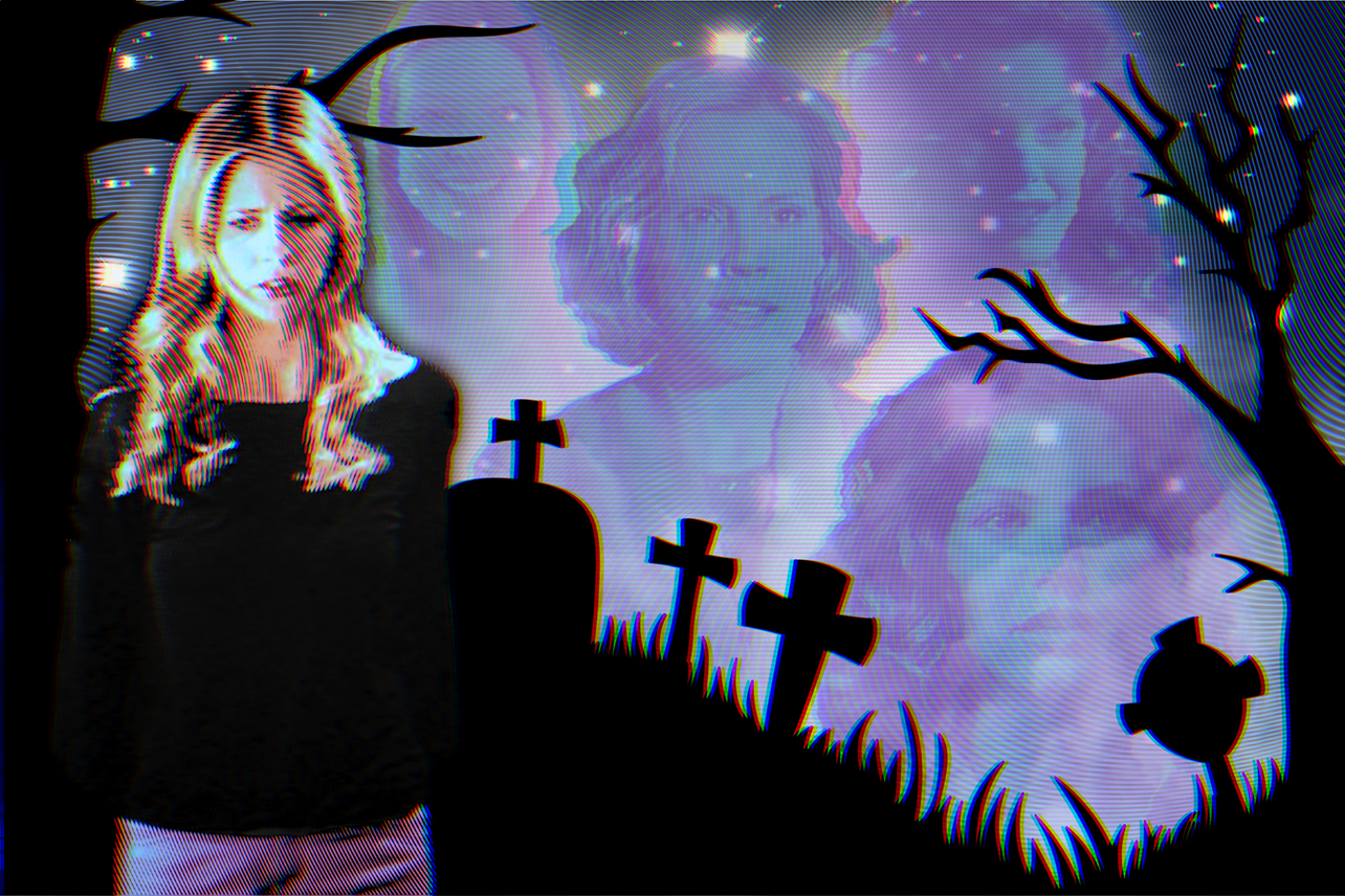 Buffy in cemetery at night with ghosts of Tara, Anya, Cordelia, Glory