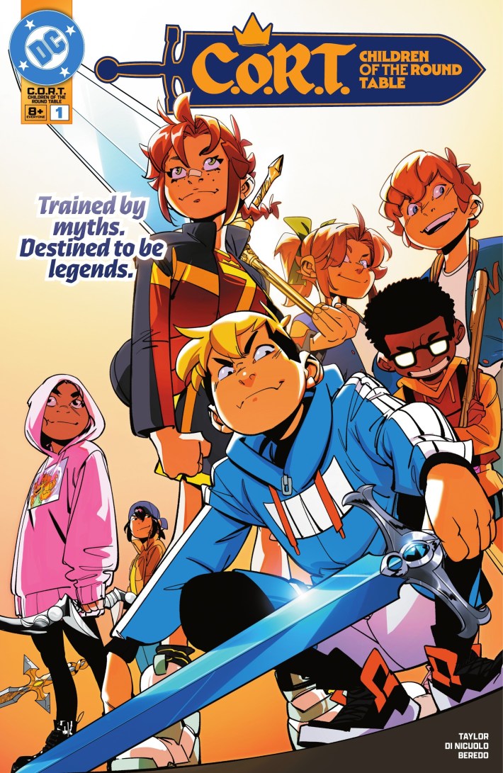 A comic cover with many children posing with medieval weapons.