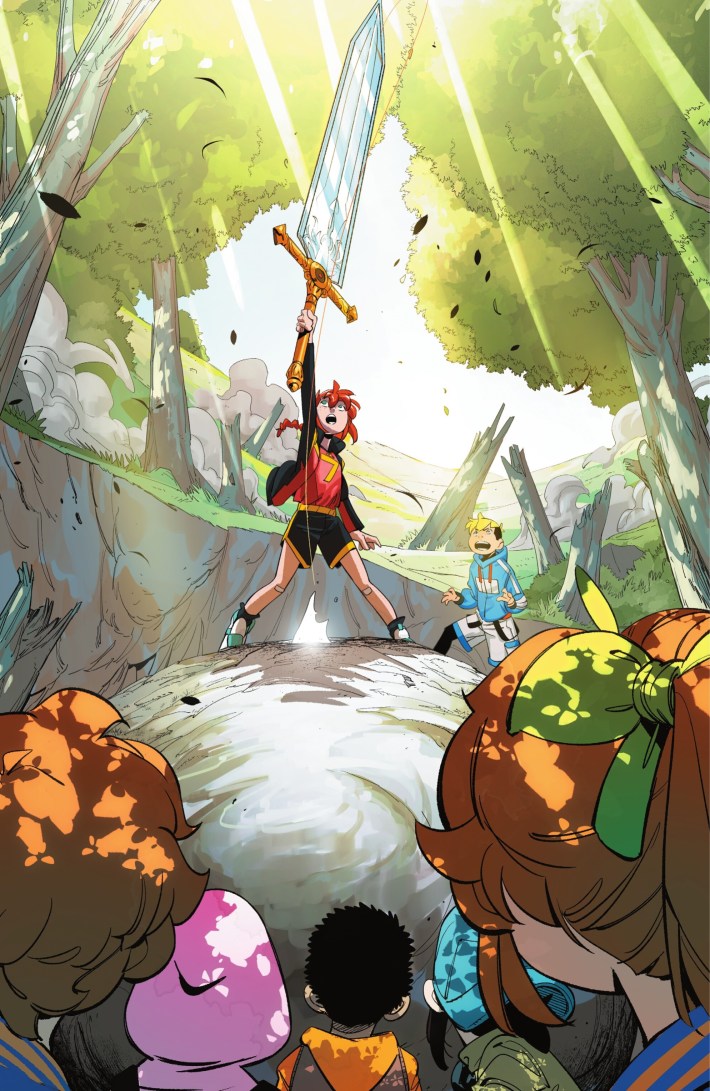 Comic illustration of a girl standing on a rock holding a large sword.