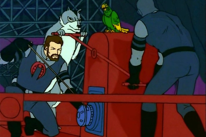 Shipwreck and Snake Eyes on handcar powered by Timber, with Polly