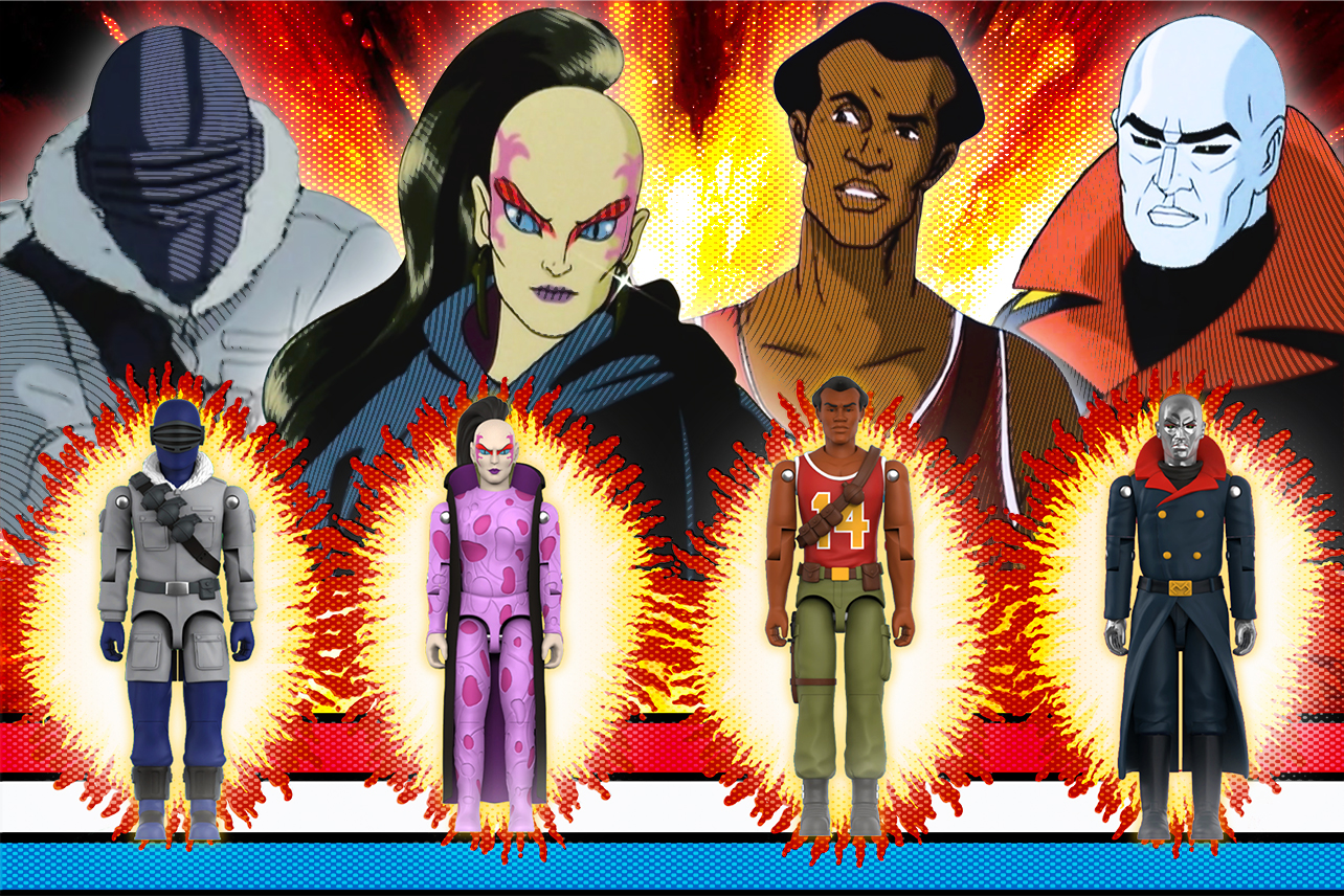 Snake Eyes, Pythona, Big Lob, and Destro in action figure and cartoon form.