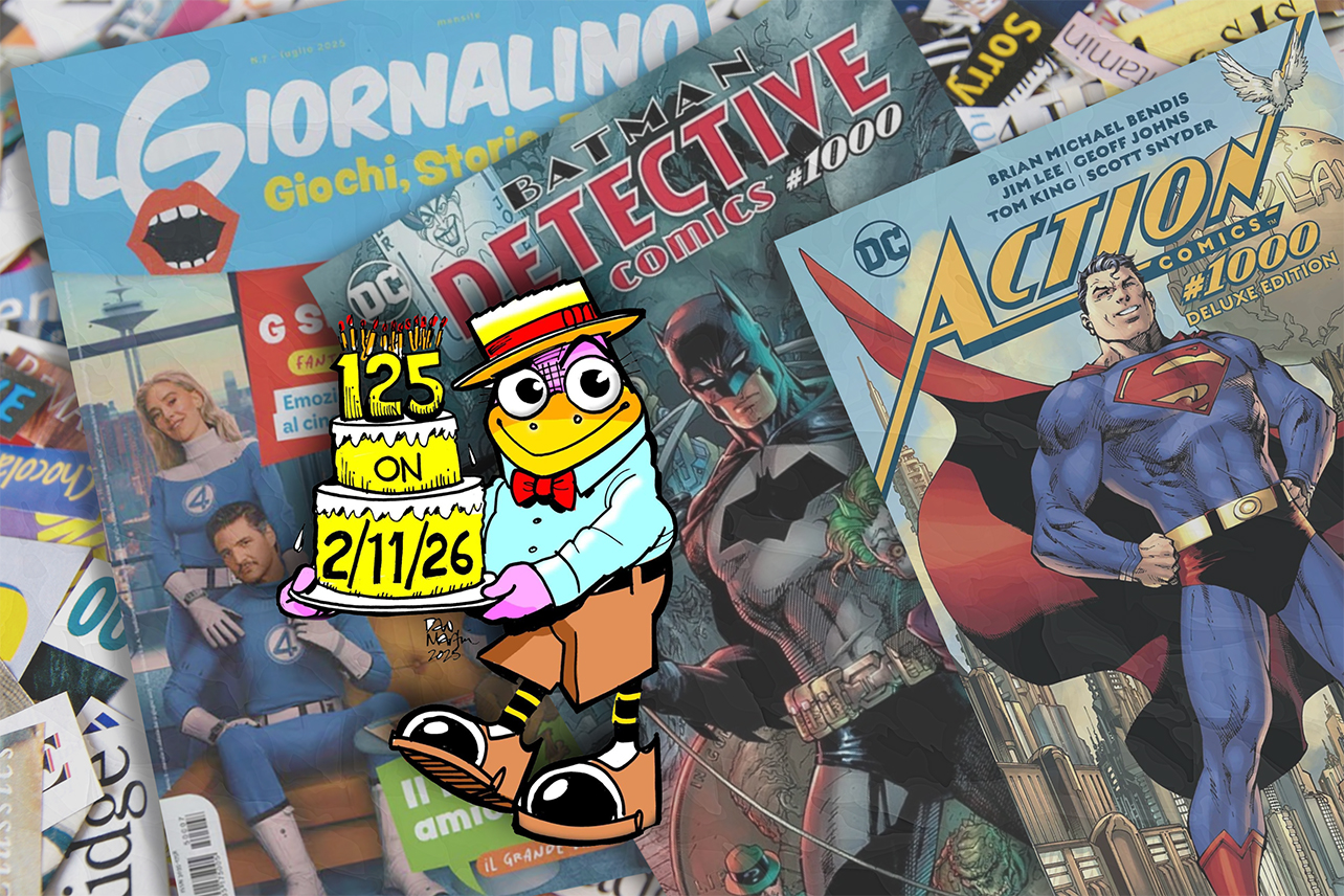 Weatherbird walking in front of copies of Il Giornalino, Detective Comics, Action Comics