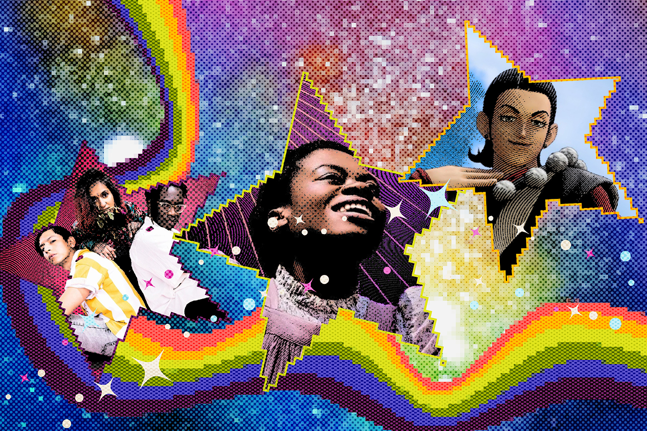 Pinkshift, Color Purple lead, Dragon Quest character in stars on rainbow.