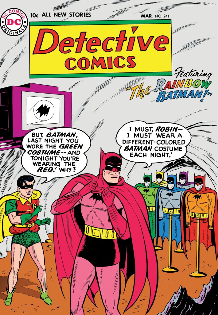 Detective Comics cover, with Batman trying on rainbow colored suits.