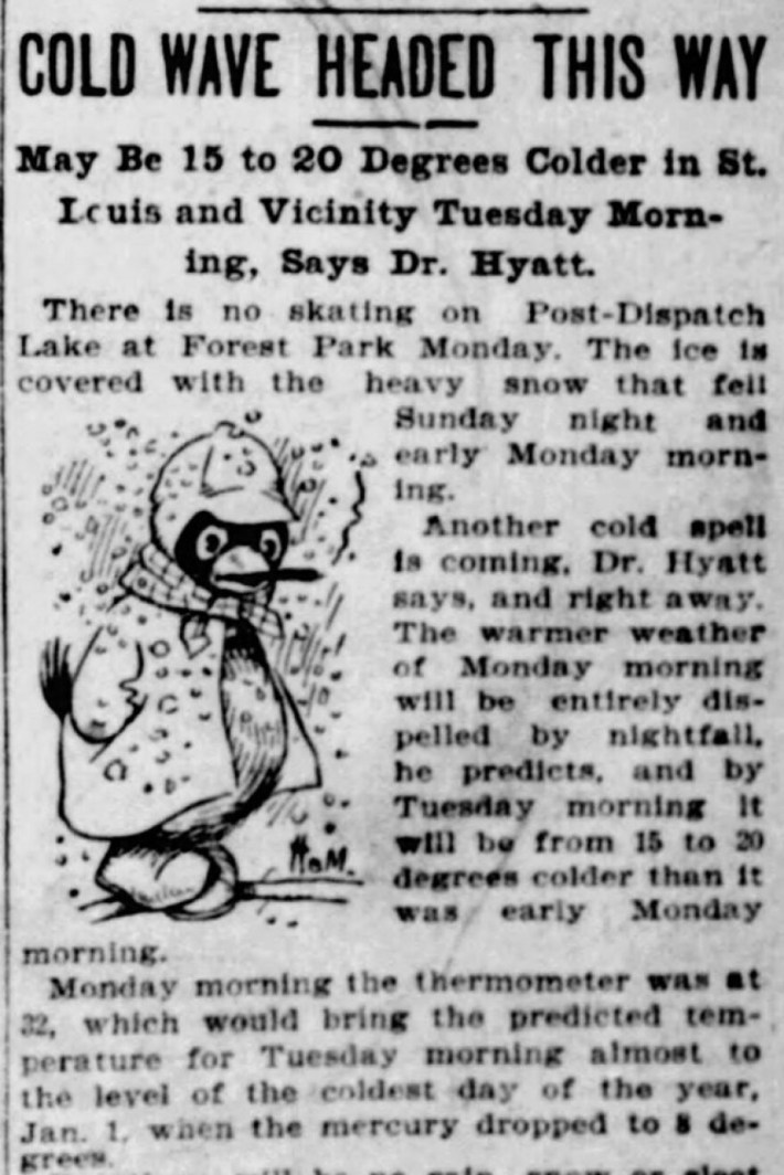 A newspaper article featuring a cartoon bird with a cigar, bundled up for the cold.