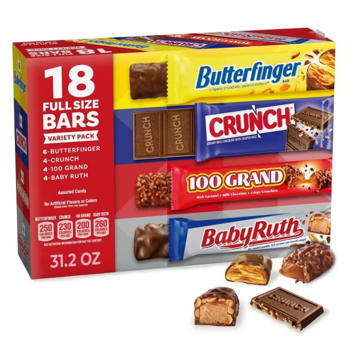 A box of full sized candy bars.