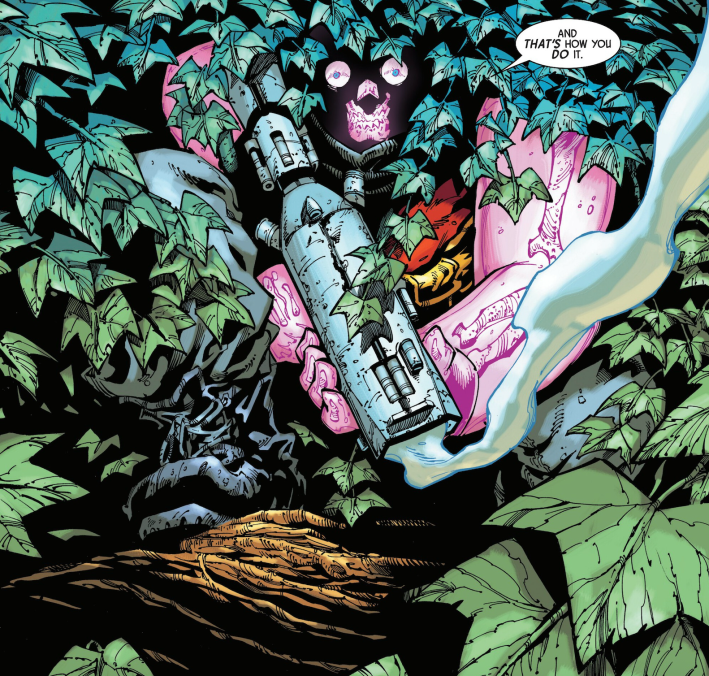 A gooey pink man hides in a bush with a smoking gun.