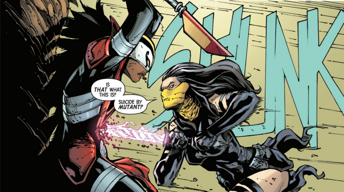 A woman stabs a woman with a sword, calling it "suicide by mutant".