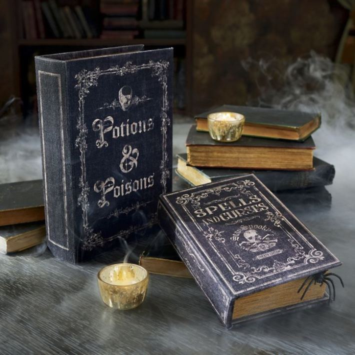 Two boxes that are decorated to look like books. One says Potions and Poisons the other says Spells and Curses.