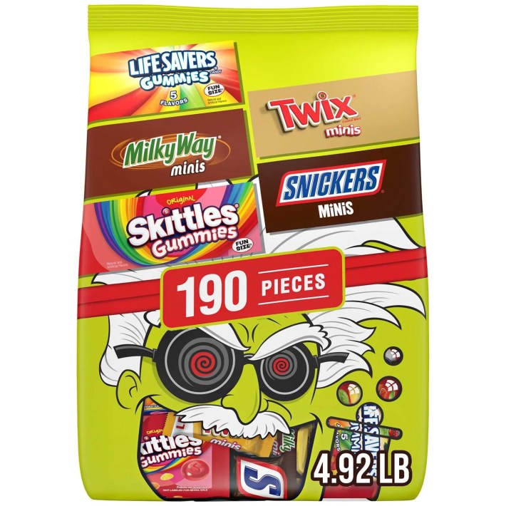 A bag of candy bars with the face of a green mad scientist on it.