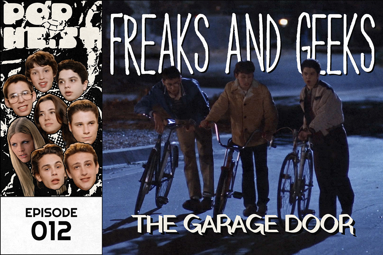 Geeks on bikes walking down street at night