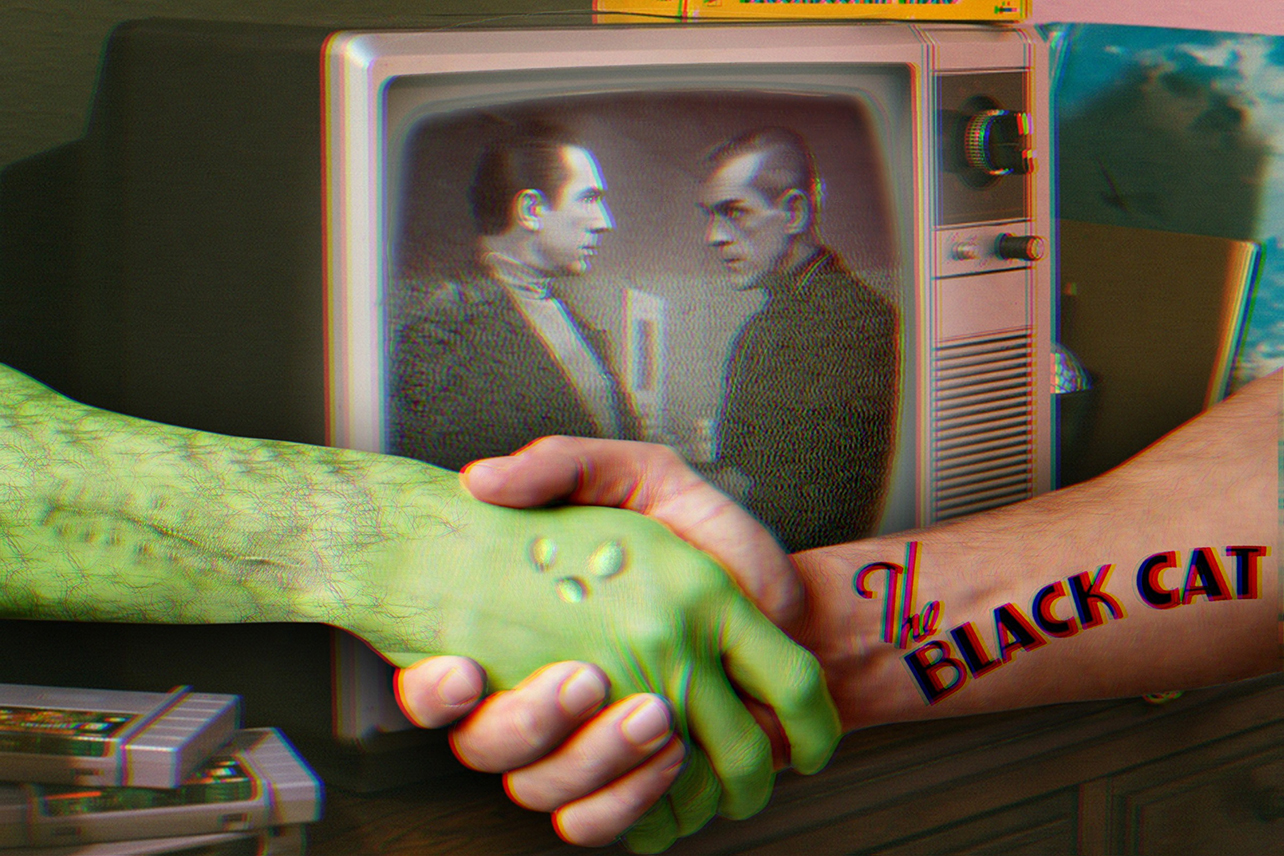 Boris and Bela on grainy TV, with monster and human shaking hands in front of it